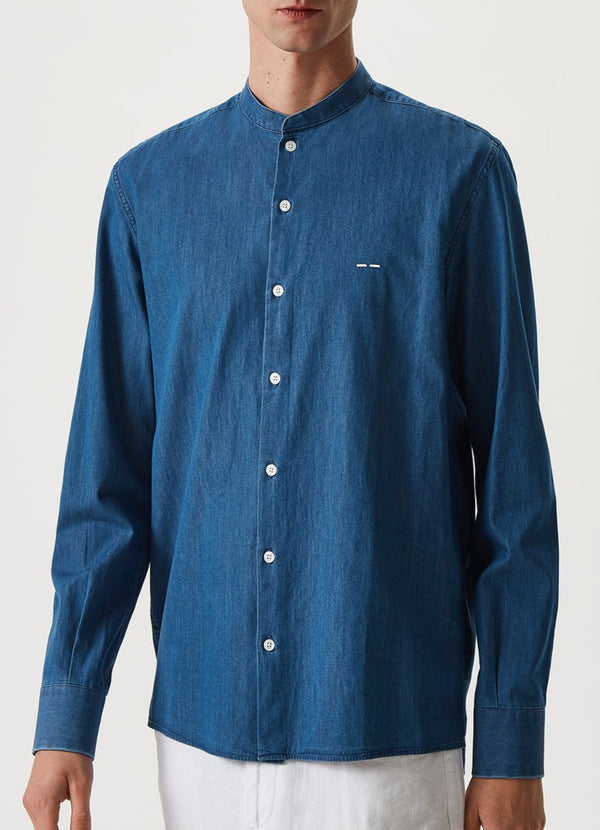 Blue Twill Shirt With Mandarin Collar