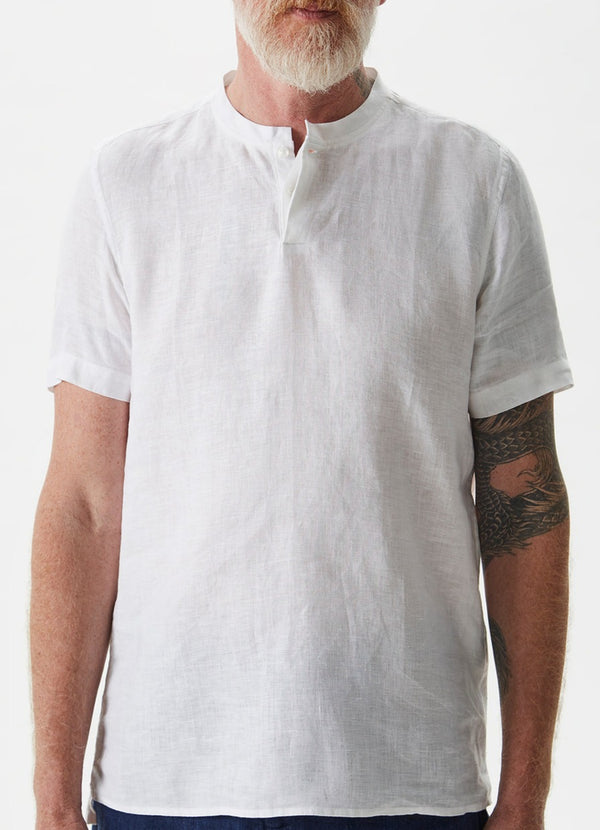 White Linen Shirt With Button Neck