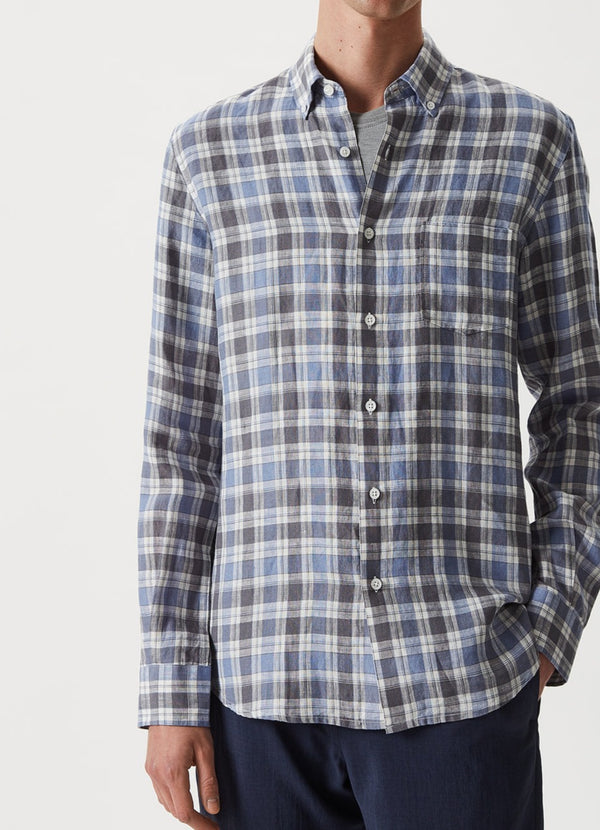 Washed Blue Check Linen Shirt With Button-Down Collar