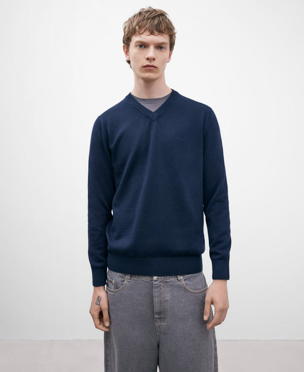 Dark Blue V-Neck Cotton Sweater For Men