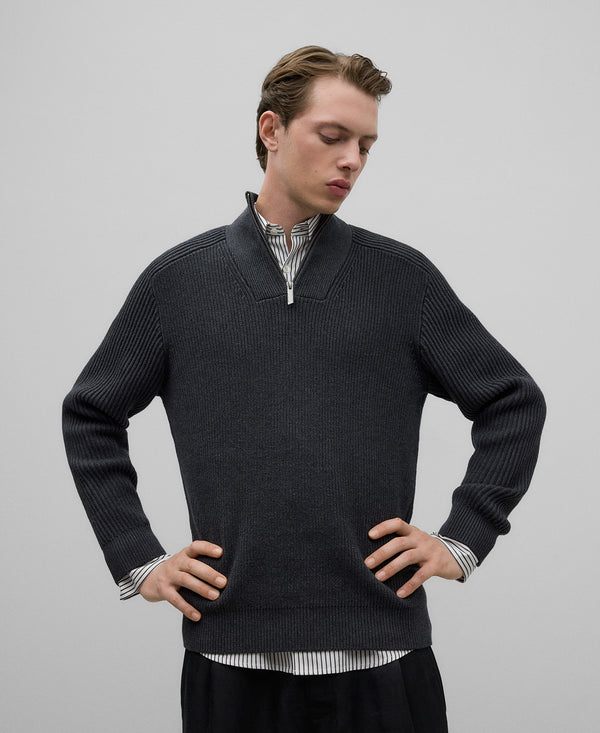 Perkins collar sweater with zipper man in dark grey