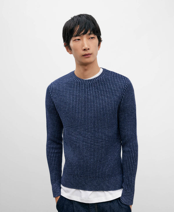 Blue Melange Knitted Sweater For Men