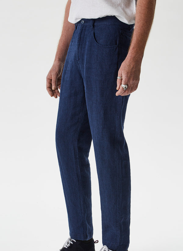 Indigo 100% Linen Trousers With Five Pockets