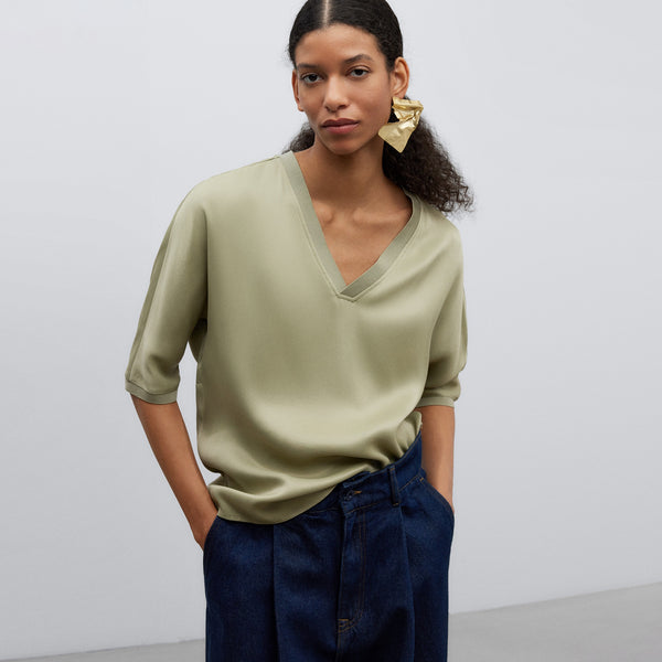 Green/Grey Fluid V-Neck Blouse