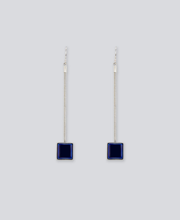 Silver Color Blue Lacquered Cube Chain Earrings