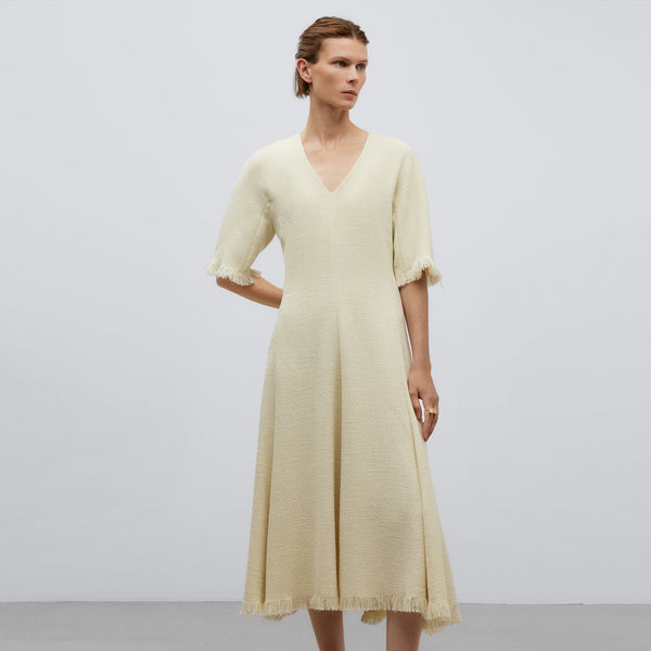 Ecru Dress With Frayed Hem