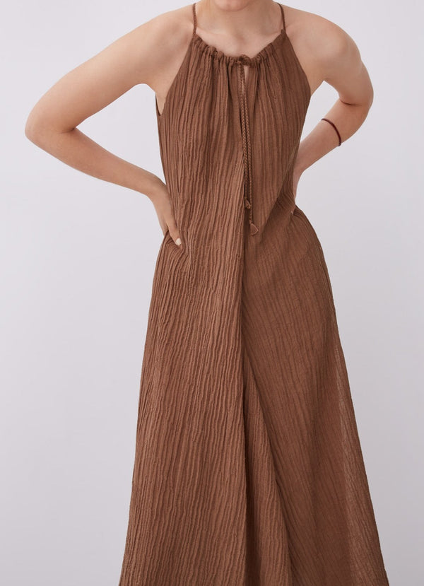 Brown Wrinkled Dress With Halter Neckline