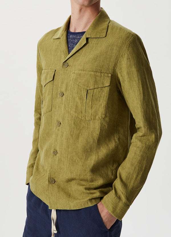 Olive Green Linen Overshirt With Chest Pockets