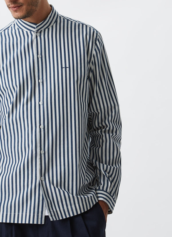 White/Blue Stripe Striped Mandarin Collar Shirt