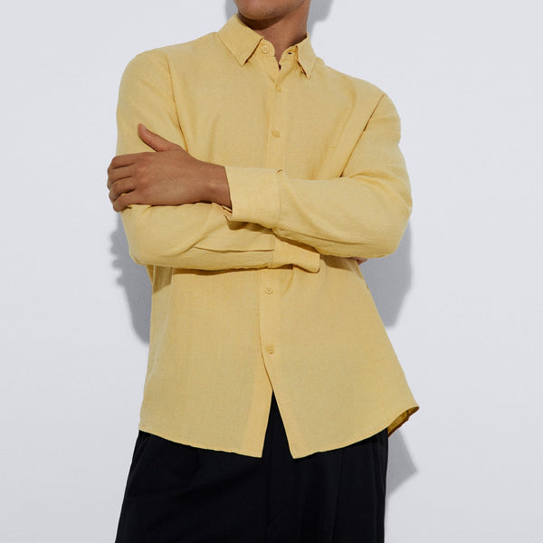 Yellow Natural Linen Lapel Collar Shirt