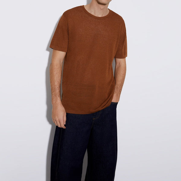 Tobacco Linen And Nylon Crew Neck T-Shirt