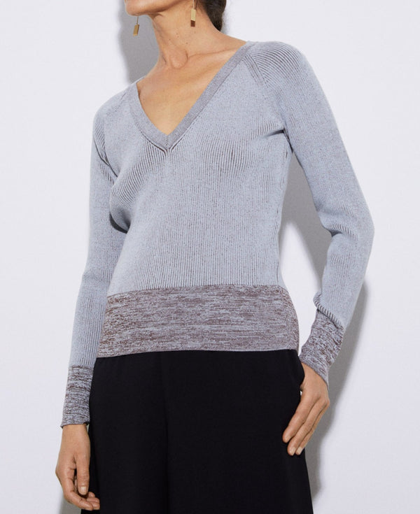 Blue/White V-Neck Viscose Knitted Sweater