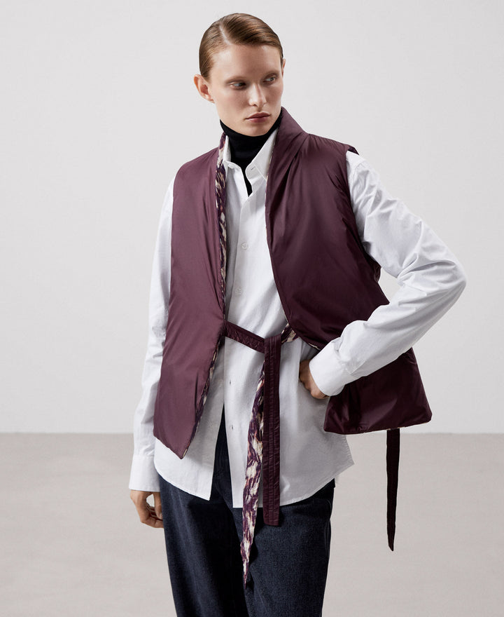 Women Vest | Aubergine Print Recycled Nylon Short Waistcoat by Spanish designer Adolfo Dominguez