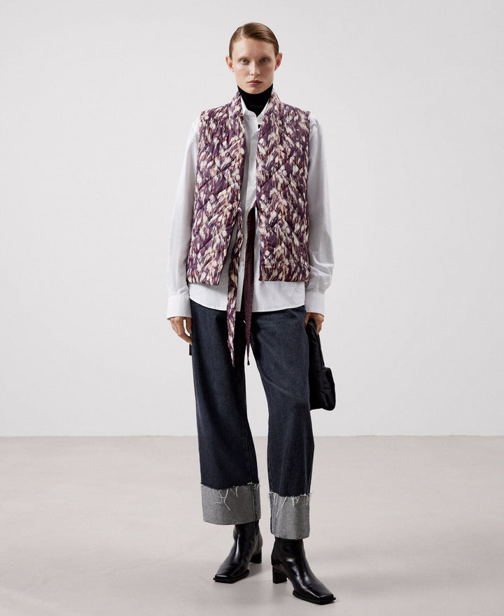 Women Vest | Aubergine Print Recycled Nylon Short Waistcoat by Spanish designer Adolfo Dominguez