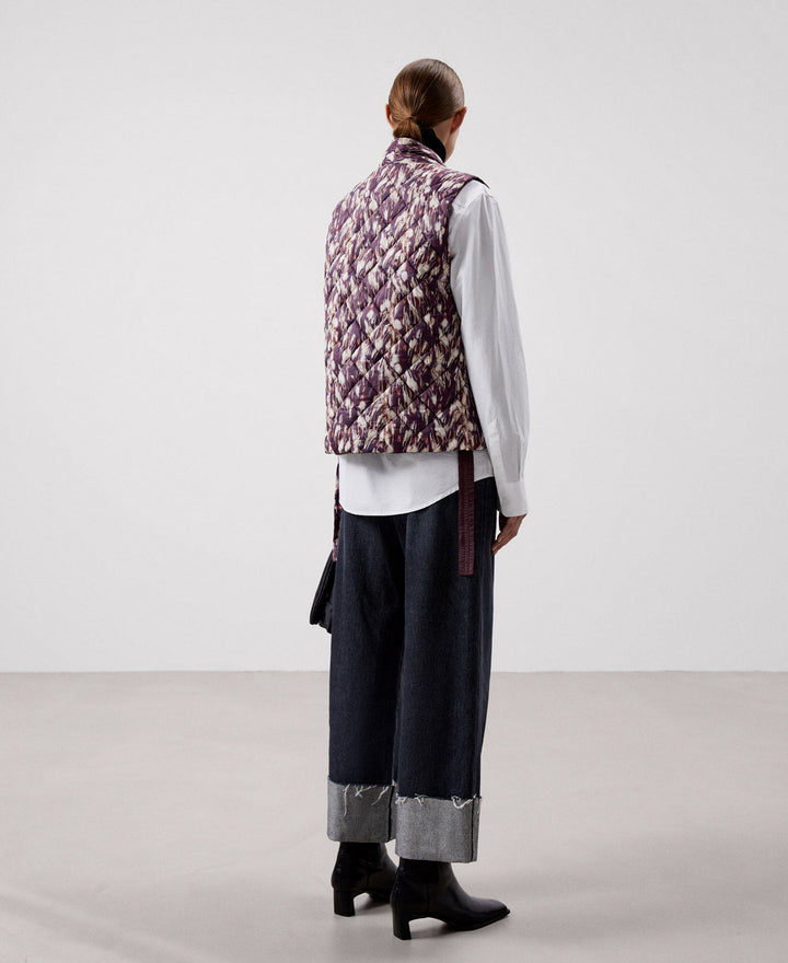 Women Vest | Aubergine Print Recycled Nylon Short Waistcoat by Spanish designer Adolfo Dominguez