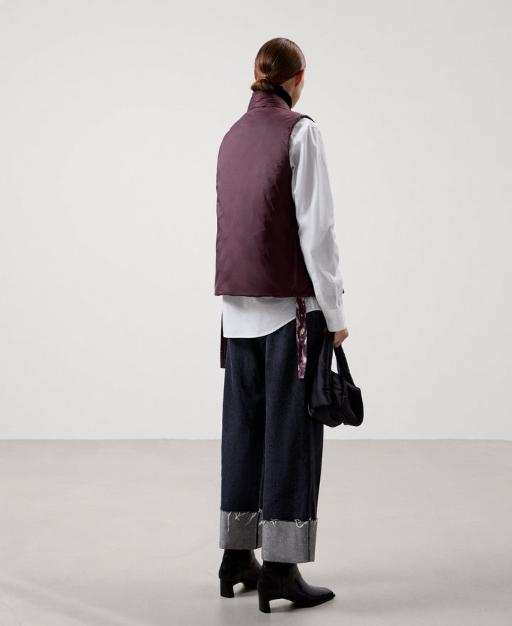 Women Vest | Aubergine Print Recycled Nylon Short Waistcoat by Spanish designer Adolfo Dominguez