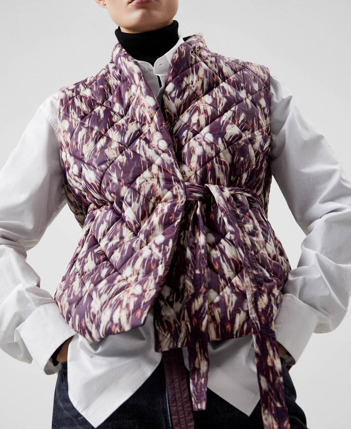 Women Vest | Aubergine Print Recycled Nylon Short Waistcoat by Spanish designer Adolfo Dominguez