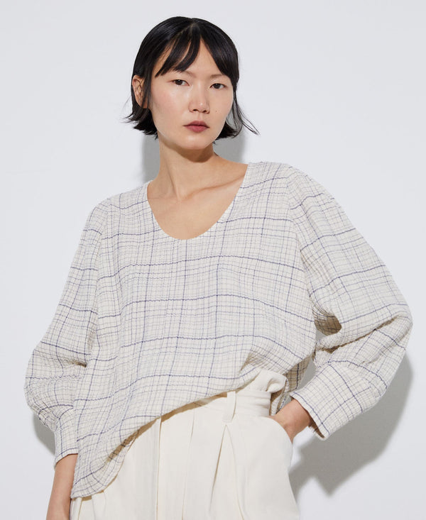 Women Long-Sleeve Shirt | Black Check Round Neckline Cotton Blouse by Spanish designer Adolfo Dominguez