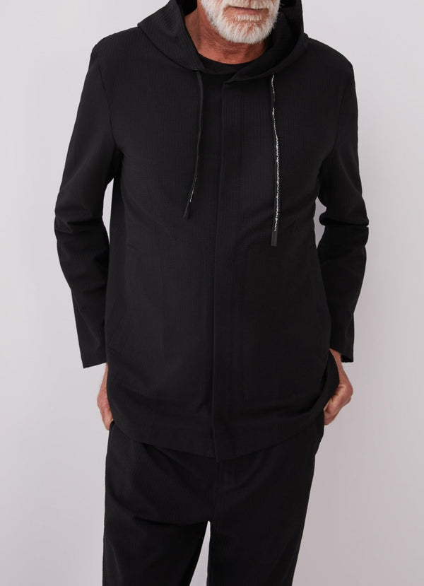 Men Overshirt | Black Hooded Overshirt With Logoed Laces by Spanish designer Adolfo Dominguez