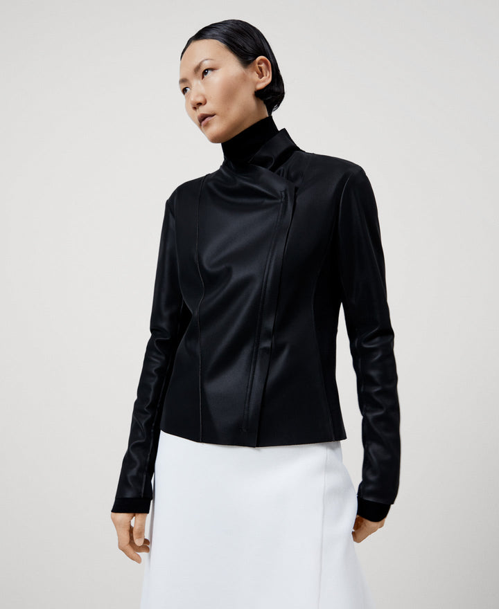 Women Ecoleather | Black Leather Texture Biker Jacket by Spanish designer Adolfo Dominguez