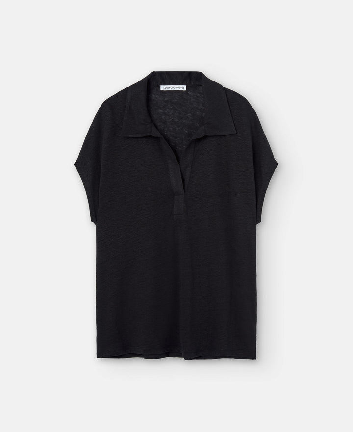 Women T-Shirt (Short Sleeve) | Black Linen Polo Shirt With Placket by Spanish designer Adolfo Dominguez