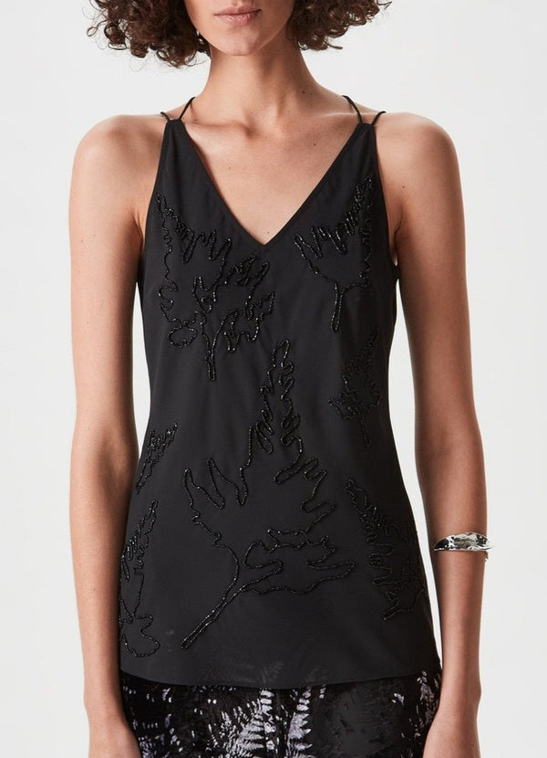 Women Top | Black Spaghetti Strap Top With Beaded Front by Spanish designer Adolfo Dominguez