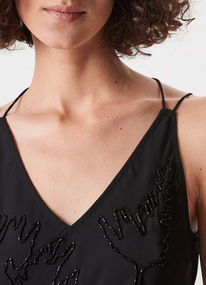 Women Top | Black Spaghetti Strap Top With Beaded Front by Spanish designer Adolfo Dominguez