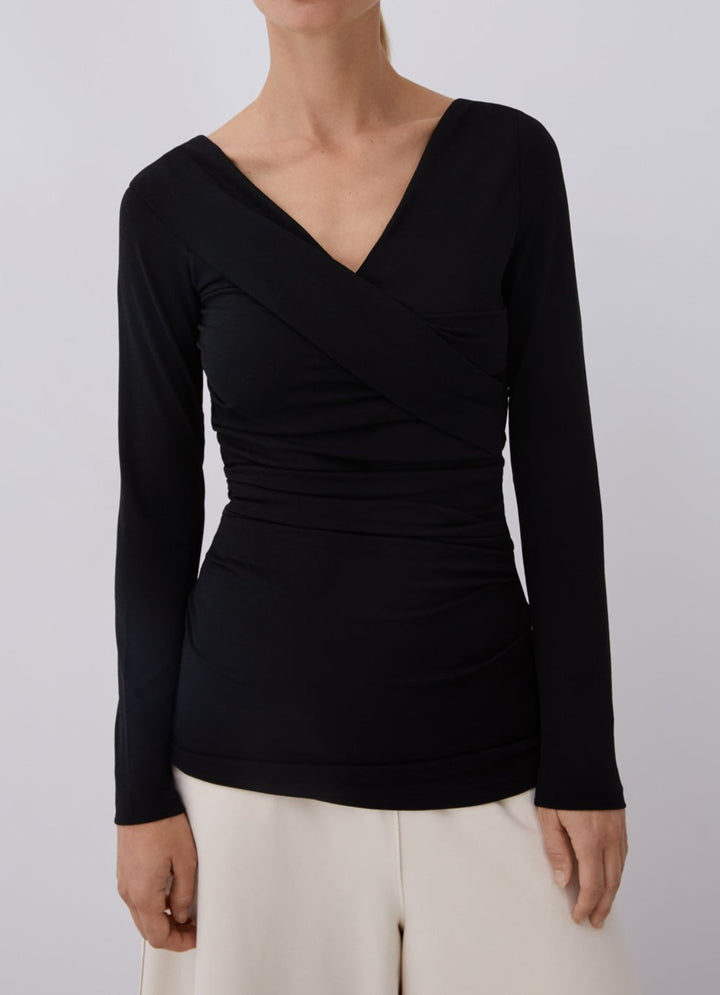 Women Long-Sleeve T-Shirt | Black T-Shirt With Special Neckline by Spanish designer Adolfo Dominguez