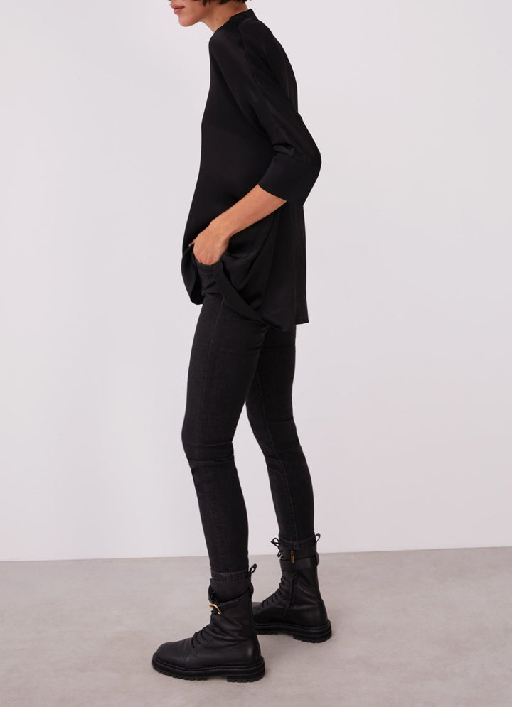 Women Shirt | Black Viscose Blouse With Mandarin Collar by Spanish designer Adolfo Dominguez