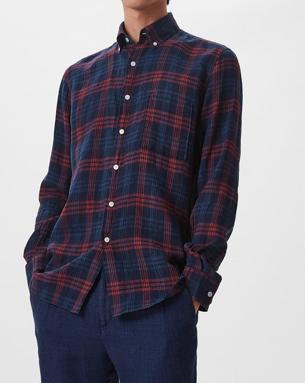 Men Long-Sleeve Shirt | Blue Check Shirt by Spanish designer Adolfo Dominguez