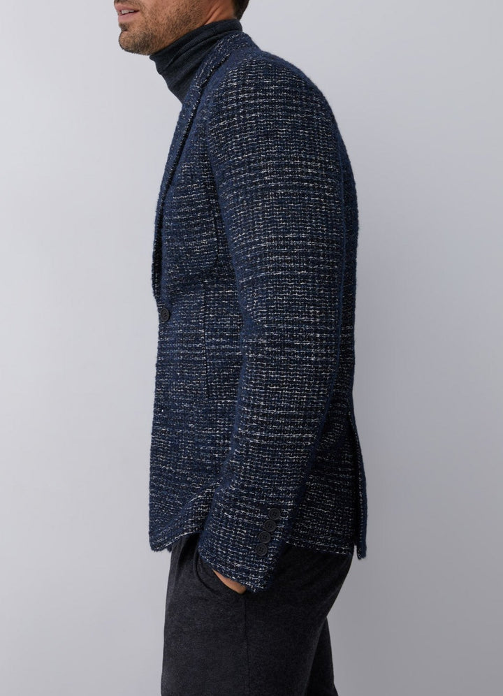 Men Structured Jacket | Blue Checked Wool Blend Blazer by Spanish designer Adolfo Dominguez