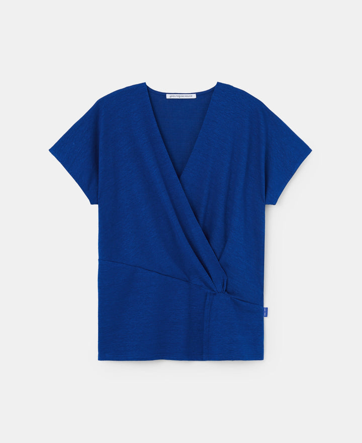 Women T-Shirt (Short Sleeve) | Blue Elastic Linen T-Shirt by Spanish designer Adolfo Dominguez