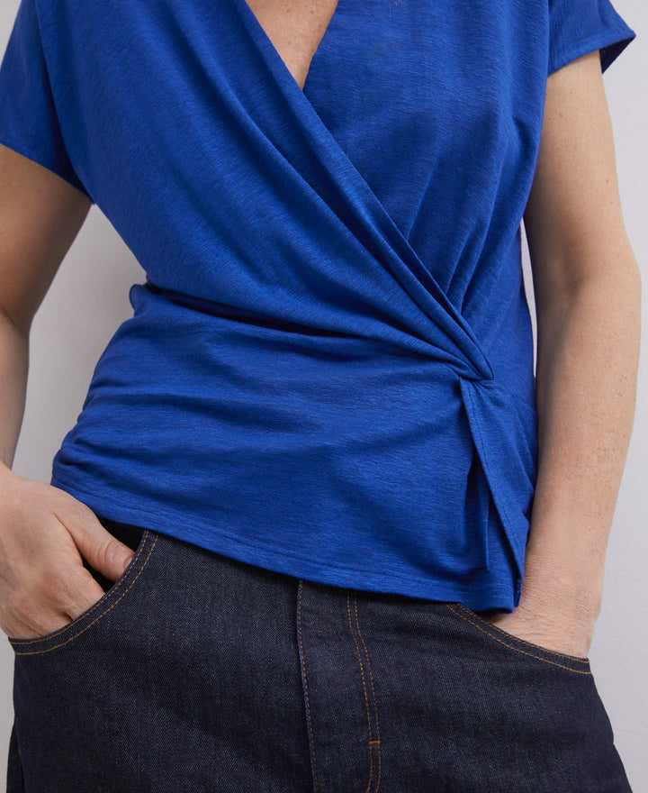 Women T-Shirt (Short Sleeve) | Blue Elastic Linen T-Shirt by Spanish designer Adolfo Dominguez