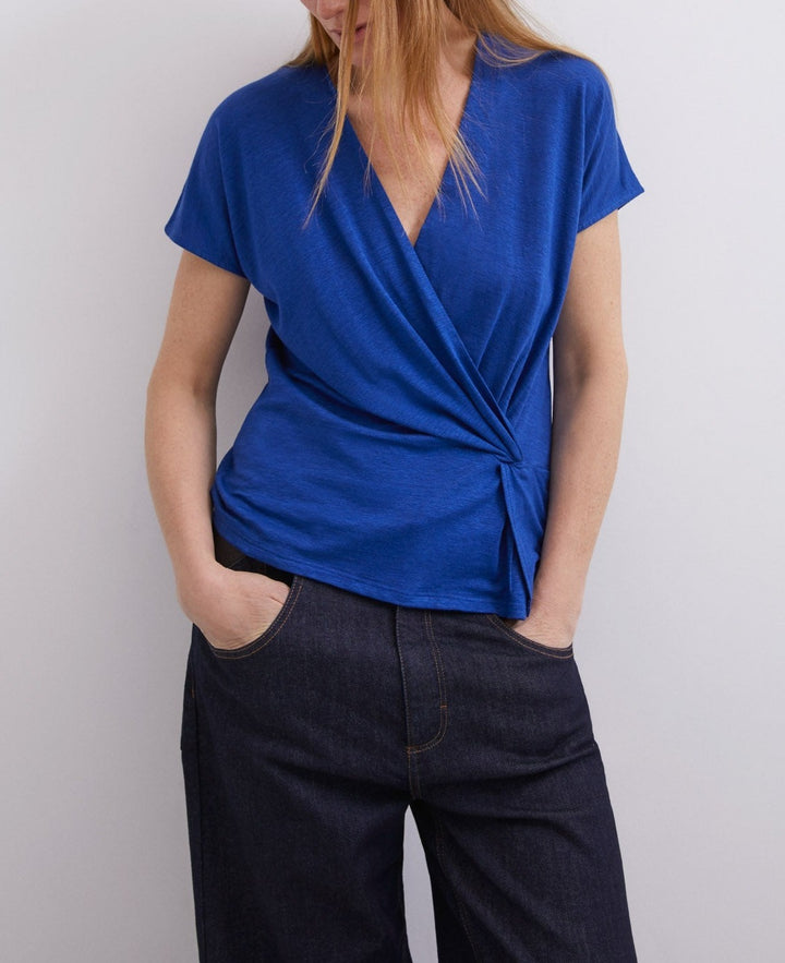 Women T-Shirt (Short Sleeve) | Blue Elastic Linen T-Shirt by Spanish designer Adolfo Dominguez