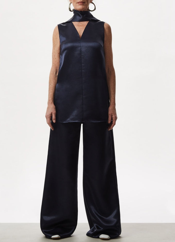 Women Trousers | Blue Fluid And Glossy Palazzo Trousers by Spanish designer Adolfo Dominguez