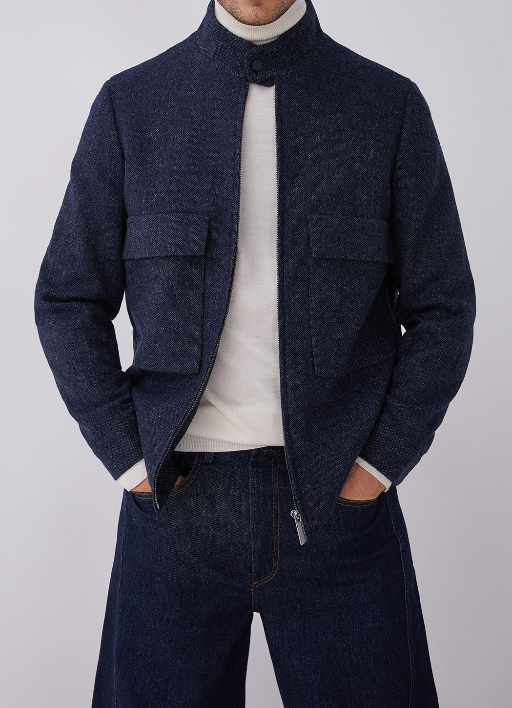 Men Overshirt | Blue Mottled Wool Jacket With Patch Pockets by Spanish designer Adolfo Dominguez