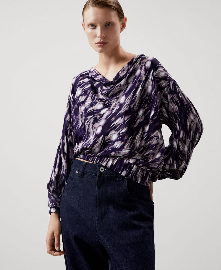 Women Shirt | Blue Print Drapped Viscose Sweatshirt by Spanish designer Adolfo Dominguez