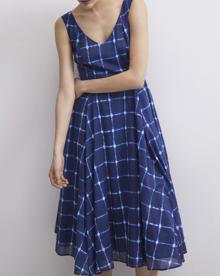 Women Dress | Blue Print V-Necline Printed Midi Dress by Spanish designer Adolfo Dominguez