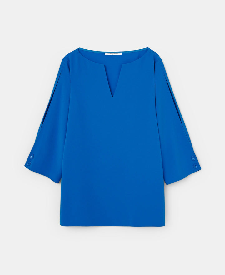 Women Long-Sleeve Shirt | Blue Top With Geometric Neckline by Spanish designer Adolfo Dominguez