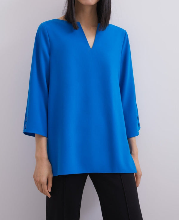 Women Long-Sleeve Shirt | Blue Top With Geometric Neckline by Spanish designer Adolfo Dominguez