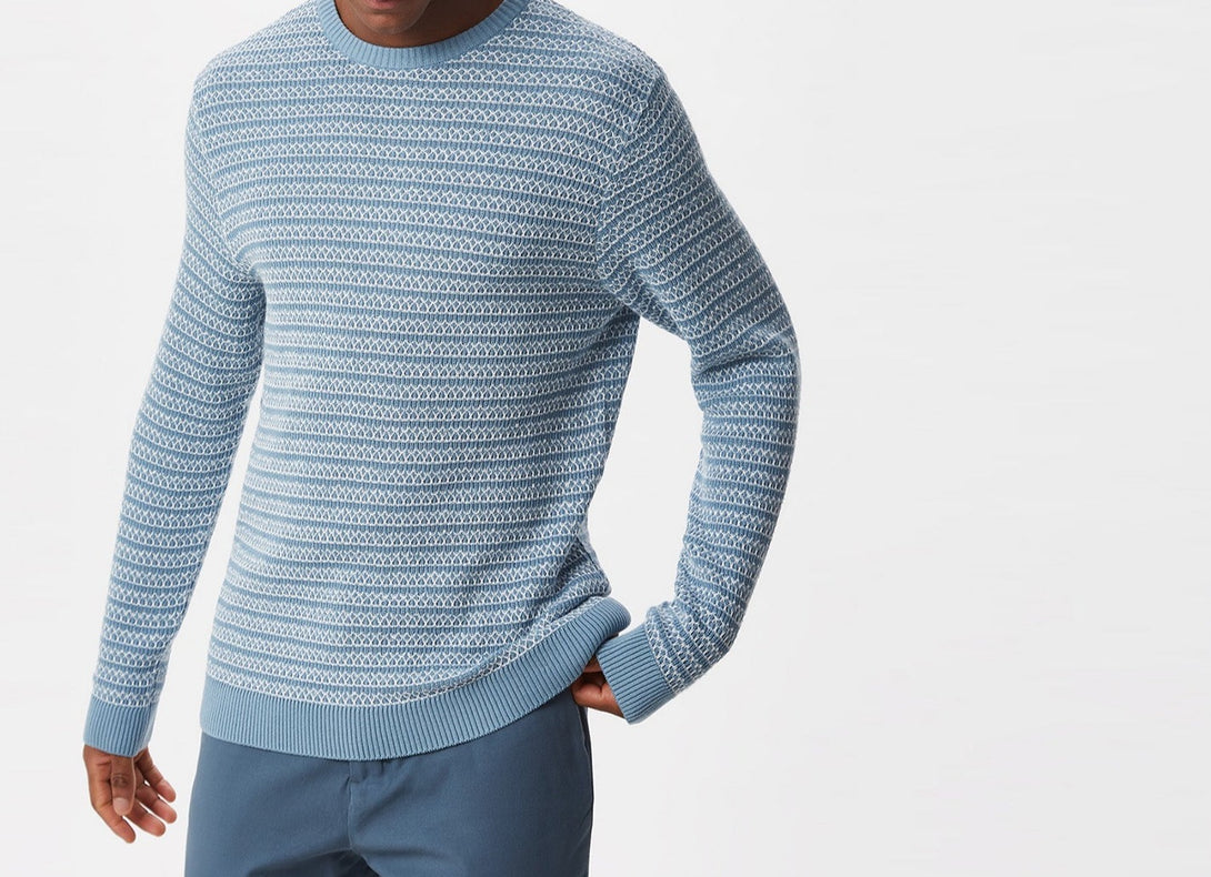 Men Jersey | Blue/Grey Cotton Sweater With Jacquard Print by Spanish designer Adolfo Dominguez