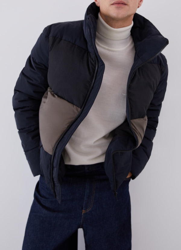 Men Short Jacket | Blue/Grey Tricolour Nylon Padded Parka by Spanish designer Adolfo Dominguez