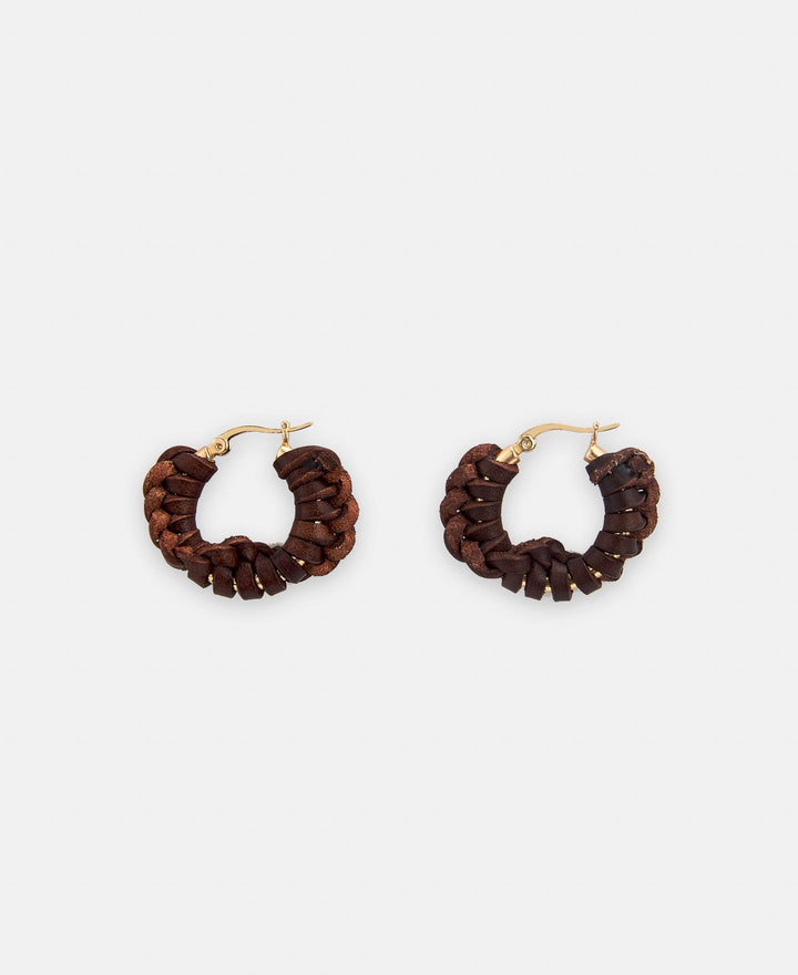Women Earrings | Brown Braided Leather Hoop Earring by Spanish designer Adolfo Dominguez