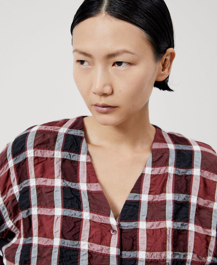 Women Shirt | Brown Check Long Sleeve Viscose T-Shirt by Spanish designer Adolfo Dominguez