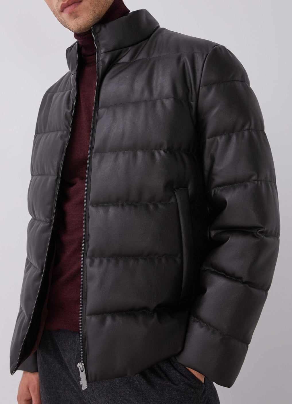 Men Ecoleather | Brown Gummed Puffer Jacket by Spanish designer Adolfo Dominguez