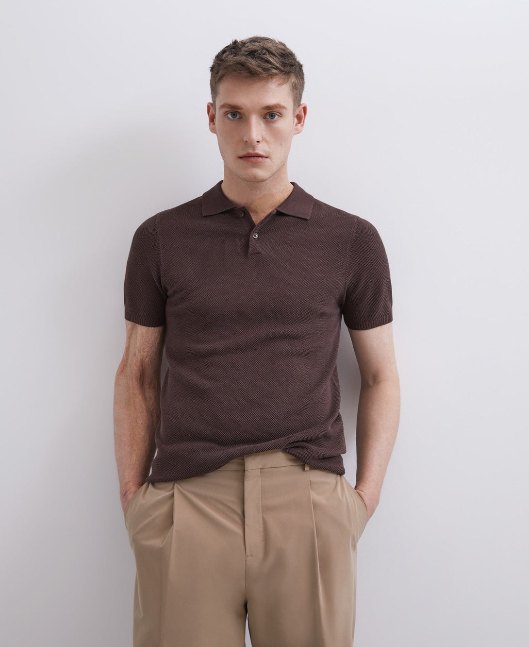 Men Polo | Brown Pique Shirt Collar Polo Shirt by Spanish designer Adolfo Dominguez