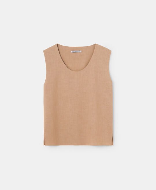 Women Top | Camel Sleeveless Round Collar Top by Spanish designer Adolfo Dominguez