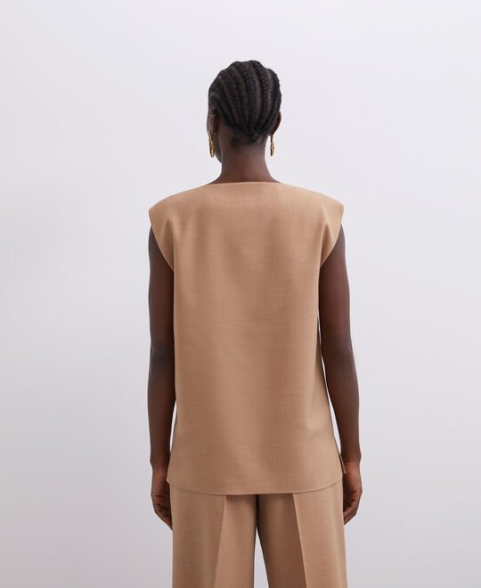 Women Top | Camel Sleeveless Round Collar Top by Spanish designer Adolfo Dominguez