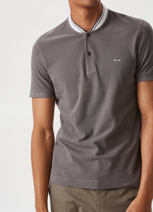 Men Polo | Dark Grey Pique Polo Shirt With Varsity Collar by Spanish designer Adolfo Dominguez