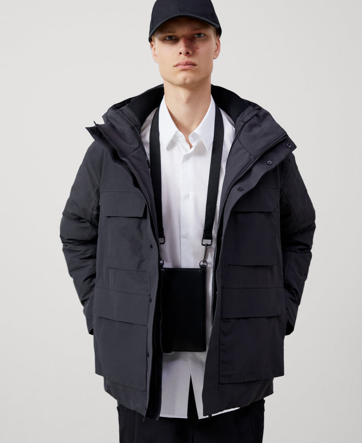 Men Short Jacket | Dark Grey Short Hooded Parka by Spanish designer Adolfo Dominguez